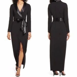 Eliza J Black Long Sleeve Satin Trim Wrap Gown